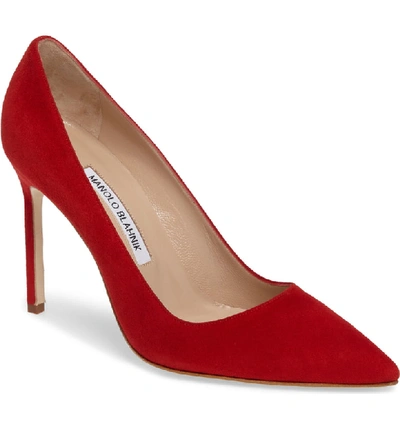 Shop Manolo Blahnik Bb Pointed Toe Pump In Red Suede