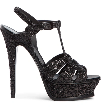 Shop Saint Laurent Tribute Genuine Snakeskin Glitter Platform Sandal In Black Glitter