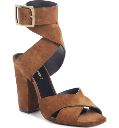 Shop Saint Laurent Jodie Ankle Wrap Sandal In Caramel Suede