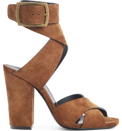 Shop Saint Laurent Jodie Ankle Wrap Sandal In Caramel Suede