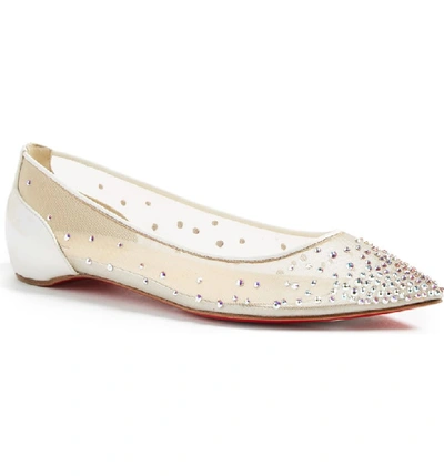 Shop Christian Louboutin Follies Strass Pointy Toe Flat In White