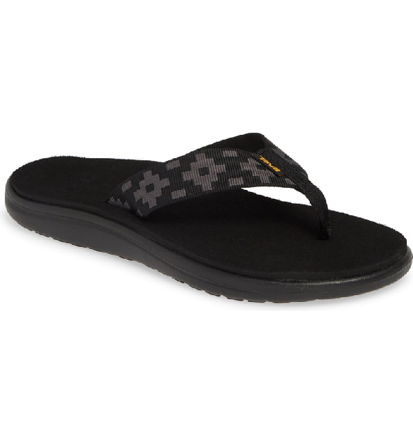 black fabric flip flops