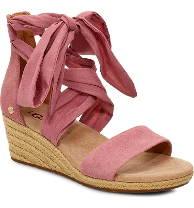 Shop Ugg Trina Ribbon Tie Wedge Sandal In Pink Dawn Suede