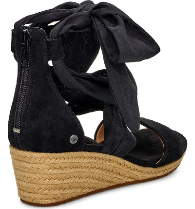 Shop Ugg Trina Ribbon Tie Wedge Sandal In Black Leather