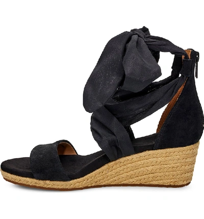 Shop Ugg Trina Ribbon Tie Wedge Sandal In Black Leather