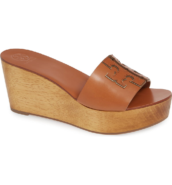 Tory Burch Ines 80mm Wedge Slide Sandals In Tan / Spark Gold | ModeSens
