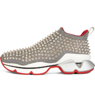 Shop Christian Louboutin Spiky Sock-knit Slip-on Sneaker In Silver