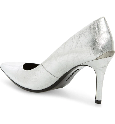 Shop Calvin Klein 'gayle' Pointy Toe Pump In Silver Metallic Leather