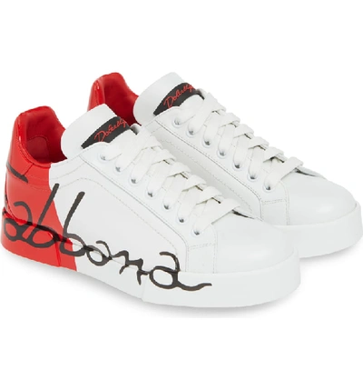 Shop Dolce & Gabbana Script Logo Sneaker In White/ Red