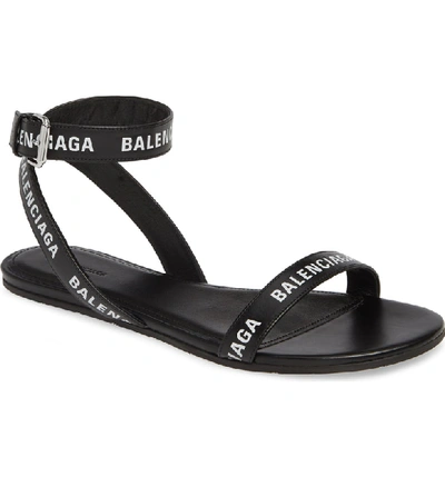 Shop Balenciaga Logo Ankle Strap Sandal In Black