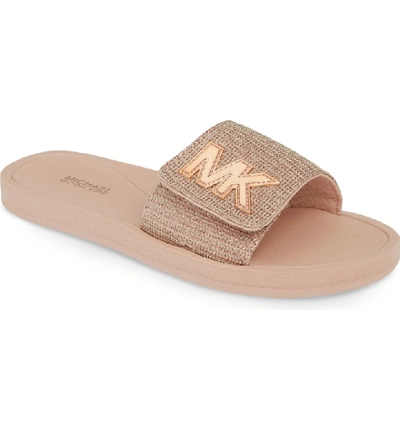 Shop Michael Michael Kors Mk Logo Slide Sandal In Ivory/ Gold Glitter