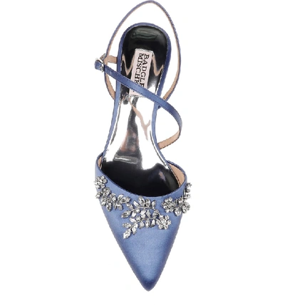 Shop Badgley Mischka Crystal Embellished Quarter Strap Pump In Italian Blue Satin