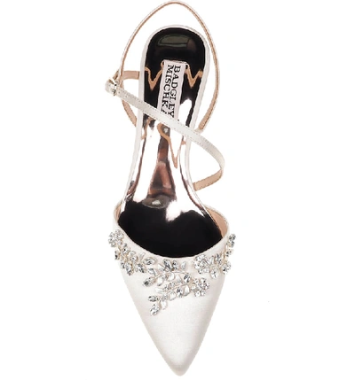 Shop Badgley Mischka Crystal Embellished Quarter Strap Pump In Ivory Satin
