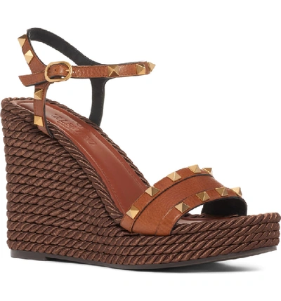 Shop Valentino Rockstud Torchon Espadrille Wedge In Brown Leather