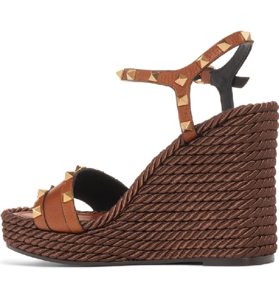 Shop Valentino Rockstud Torchon Espadrille Wedge In Brown Leather