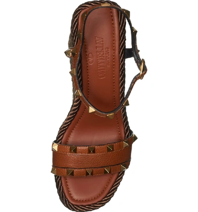 Shop Valentino Rockstud Torchon Espadrille Wedge In Brown Leather