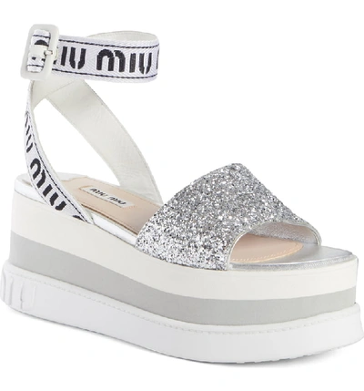 Shop Miu Miu Flatform Logo Sandal In Silver