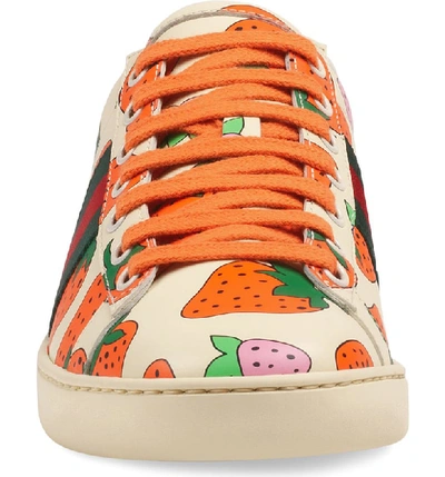 Shop Gucci New Ace Strawberry Print Sneaker In White/ Red