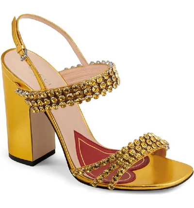 Shop Gucci Bertie Jewel Sandal In Gold Leather