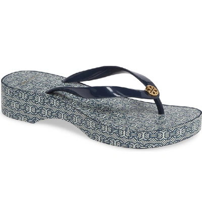 Shop Tory Burch Wedge Flip Flop In Tory Navy/ Navy Gemini Jacquar