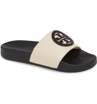 Tory Burch Lina Logo Leather Pool Slide Sandals In New Cream/ Perfect Black  | ModeSens