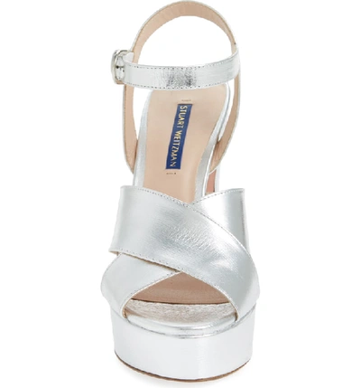 Shop Stuart Weitzman Joni Platform Sandal In Silver Crack Met Goat