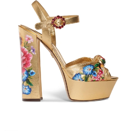 Shop Dolce & Gabbana Floral Metallic Platform Sandal In Gold Floral