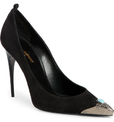 Shop Saint Laurent Zoe Embellished Pointy Toe Pump In Black Suede/ Turquoise