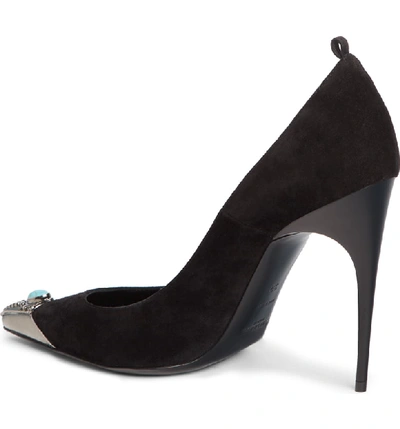 Shop Saint Laurent Zoe Embellished Pointy Toe Pump In Black Suede/ Turquoise