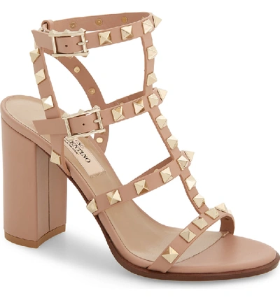 Shop Valentino 'rockstud' T-strap Sandal In Rose Beige