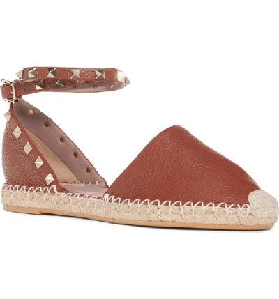 Shop Valentino Rockstud Espadrille Flat In Cognac Leather