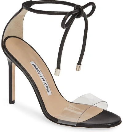 Shop Manolo Blahnik Estro Ankle Tie Sandal In Black Leather