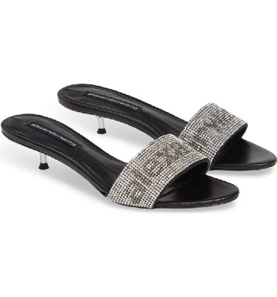 Shop Alexander Wang Jo Crystal Logo Slide Sandals In Silver/ Black