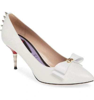 Shop Gucci Sadie Spiked Pointy Toe Pump In Vintage White Patent