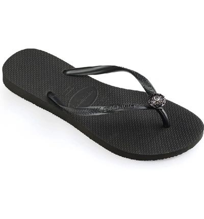 Shop Havaianas Slim Crystal Poem Flip Flop In Black/ Dark Grey/ Dark Grey