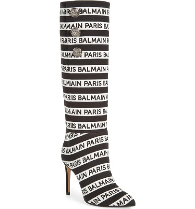 Shop Balmain Jane Logo Thigh High Boot In Black/ White