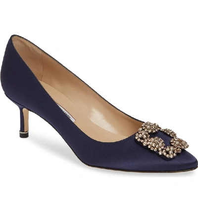 Shop Manolo Blahnik Hangisi Embellished Pointed Toe Pump In Navy Satin/ Light