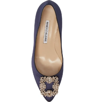 Shop Manolo Blahnik Hangisi Embellished Pointed Toe Pump In Navy Satin/ Light