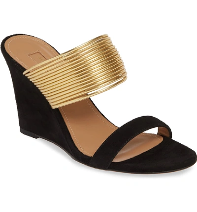 Shop Aquazzura Rendez Vous Wedge Slide Sandal In Black/ Gold