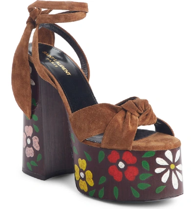 Shop Saint Laurent Paige Floral Platform Sandal In Caramel Suede