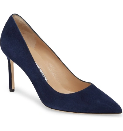 Shop Manolo Blahnik Bb Pointy Toe Pump In Navy Suede