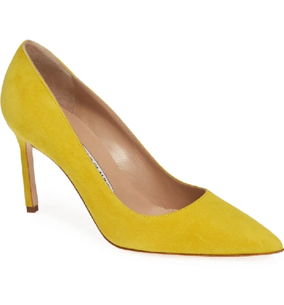 Shop Manolo Blahnik Bb Pointy Toe Pump In Lemon Yellow Suede