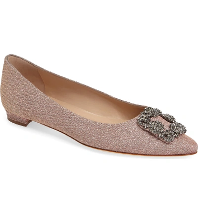 Shop Manolo Blahnik 'hangisi' Jeweled Pointy Toe Flat In Champagne Fabric