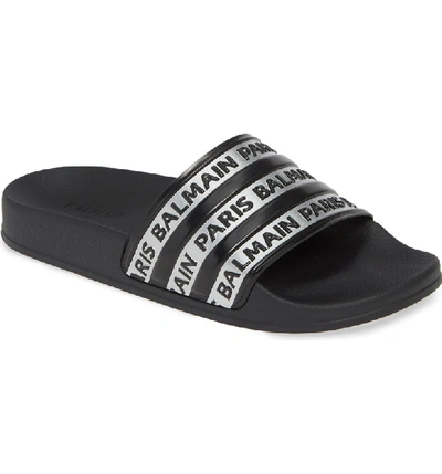 Shop Balmain Calypso Logo Slide Sandal In Black/ Silver