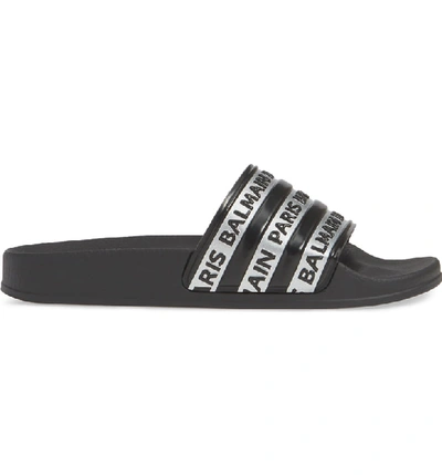 Shop Balmain Calypso Logo Slide Sandal In Black/ Silver