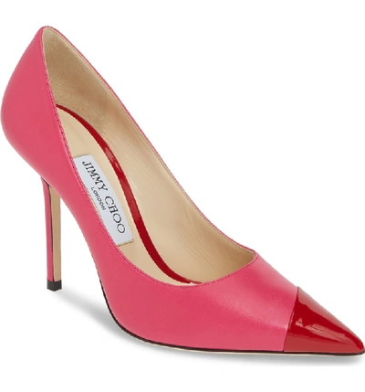 Shop Jimmy Choo Love Asymmetrical Cap Toe Pump In Hot Pink/ Red