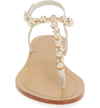 Shop Tory Burch Emmy Embellished T-strap Sandal In Linen White