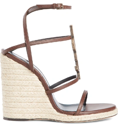 Shop Saint Laurent Cassandra Ysl Logo Wedge Sandal In Dark Chocolate