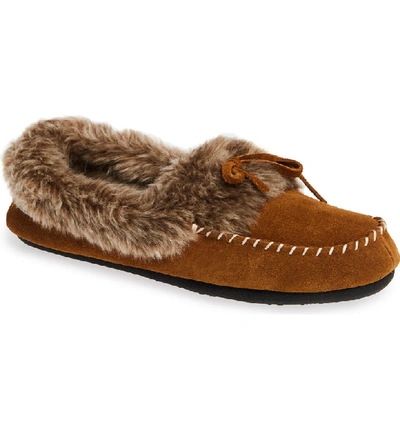 Shop Acorn Faux Fur Trim Moccasin Indoor/outdoor Slipper In Cognac Suede