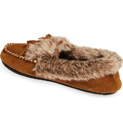 Shop Acorn Faux Fur Trim Moccasin Indoor/outdoor Slipper In Cognac Suede